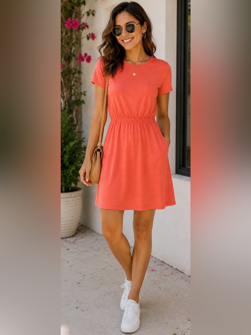 575 Old Navy Coral T-Shirt Dress Small Elastic Waist Casual Summer Knit Dress
